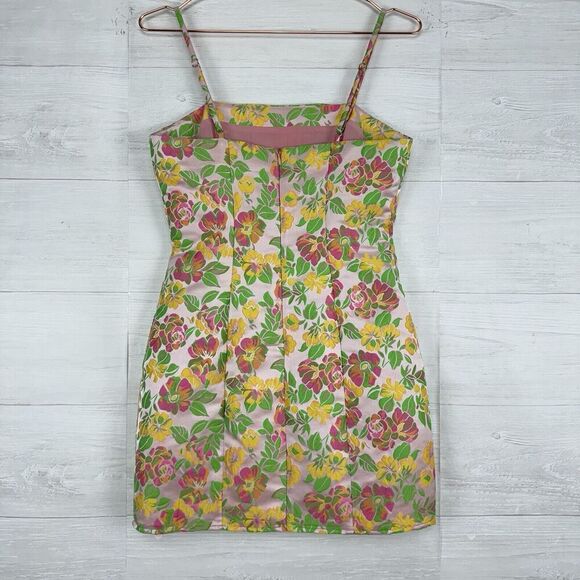 Revolve Majorelle Pearson Mini Dress S Satin Floral Pink Green Spaghetti Straps - Picture 6 of 15